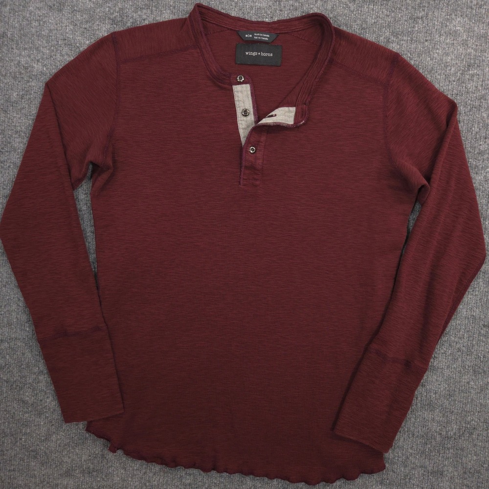 Wings + Horns Henley Shirt Mens M Burgundy Heather Long Sleeve Made In Canada